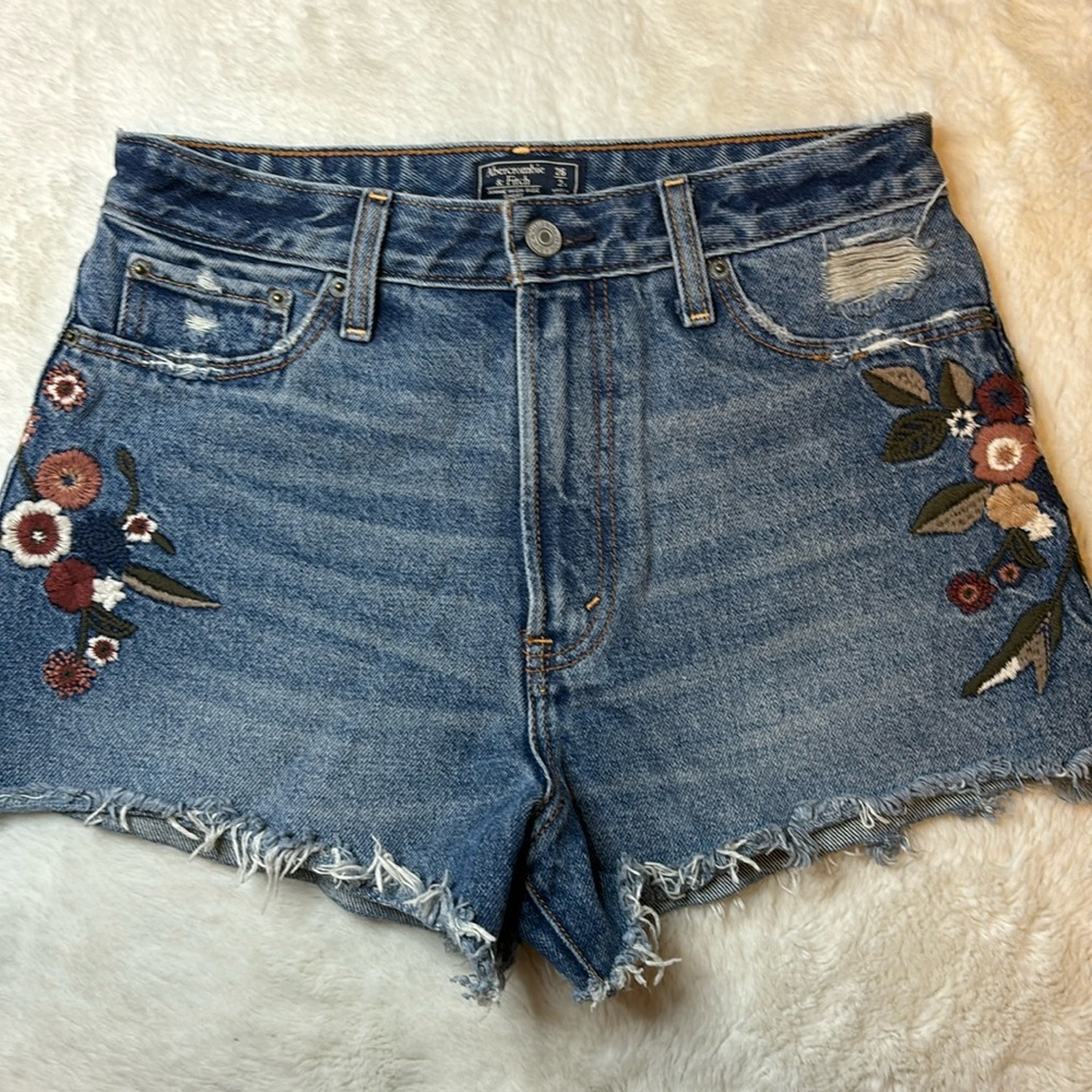 Abercrombie & Fitch Blue Denim Floral Embroidered Jean Shorts